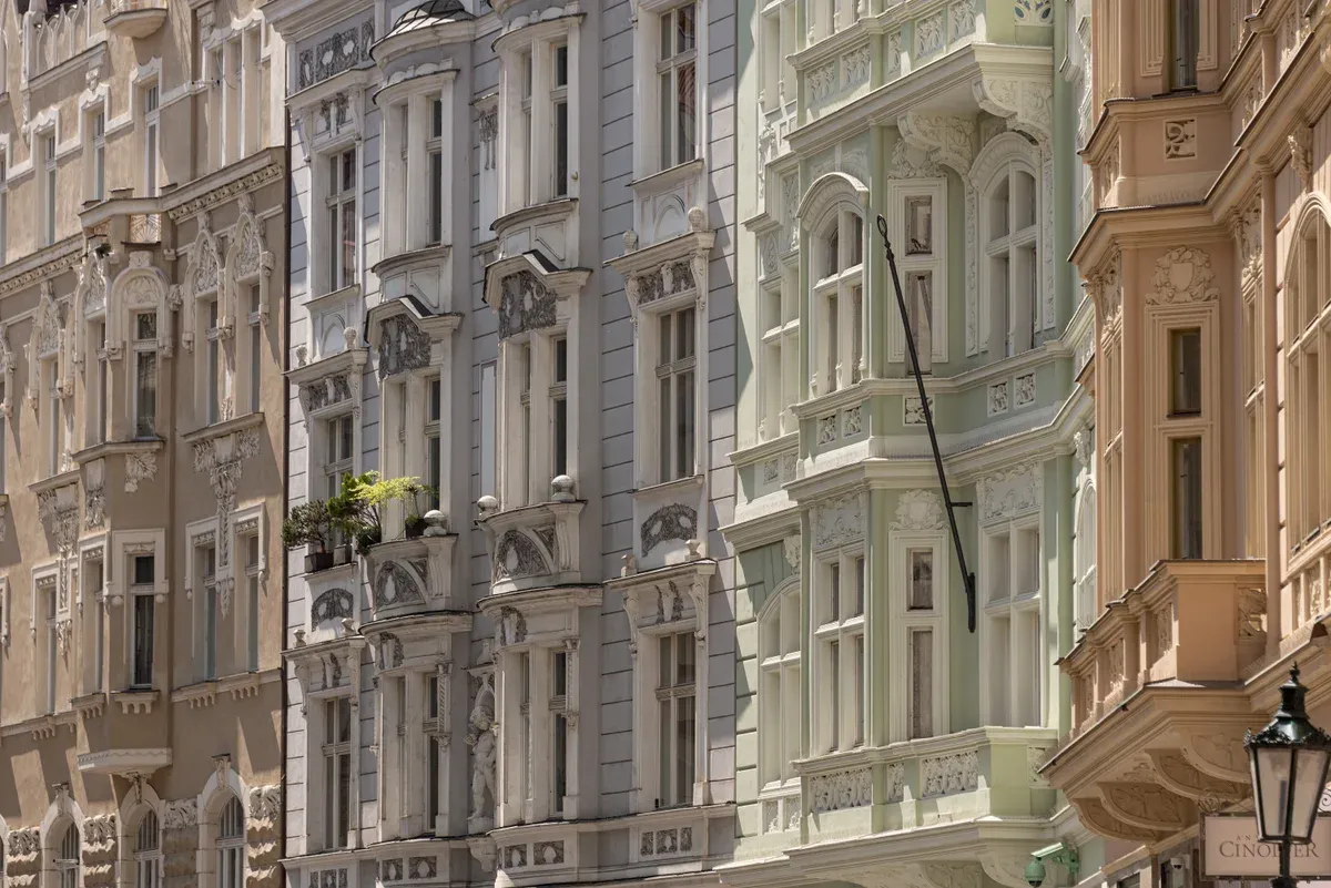 Art Nouveau facades on Maiselova street in Josefov during a Prague Jewish Quarter tour