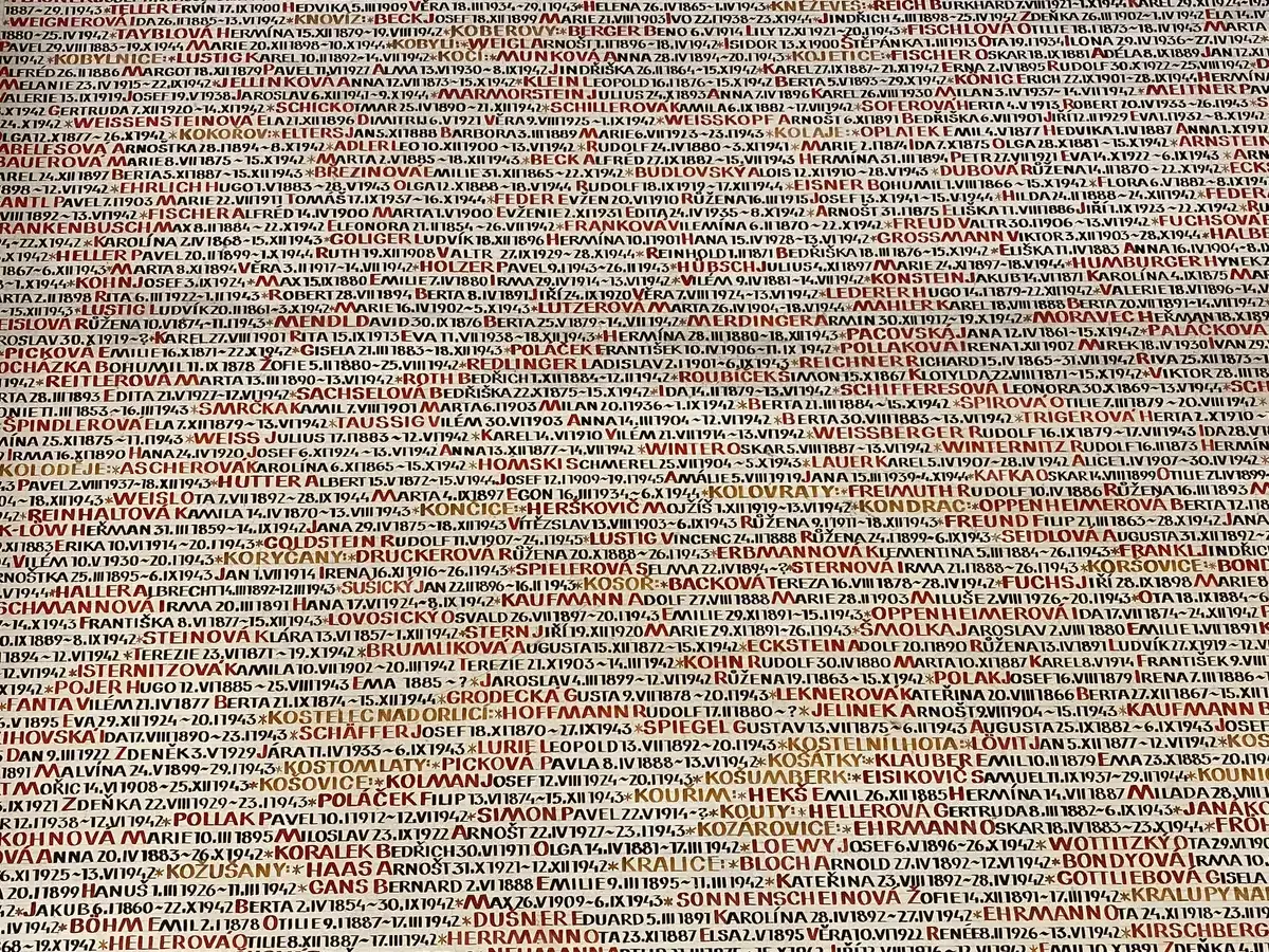 Names of Holocaust victims on the wall of the Pinkas Synagogue, part of Prague Jewish Quarter tours
