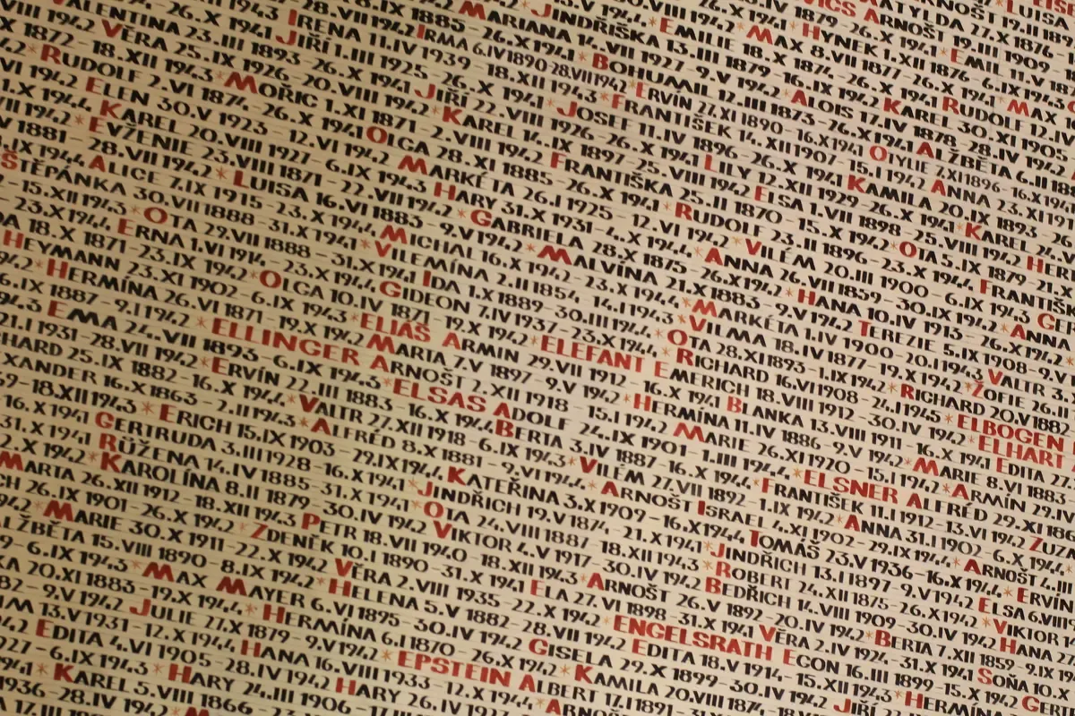 Names of Holocaust victims hand-painted on the Pinkas Synagogue walls, a stop on Prague Jewish Quarter tours